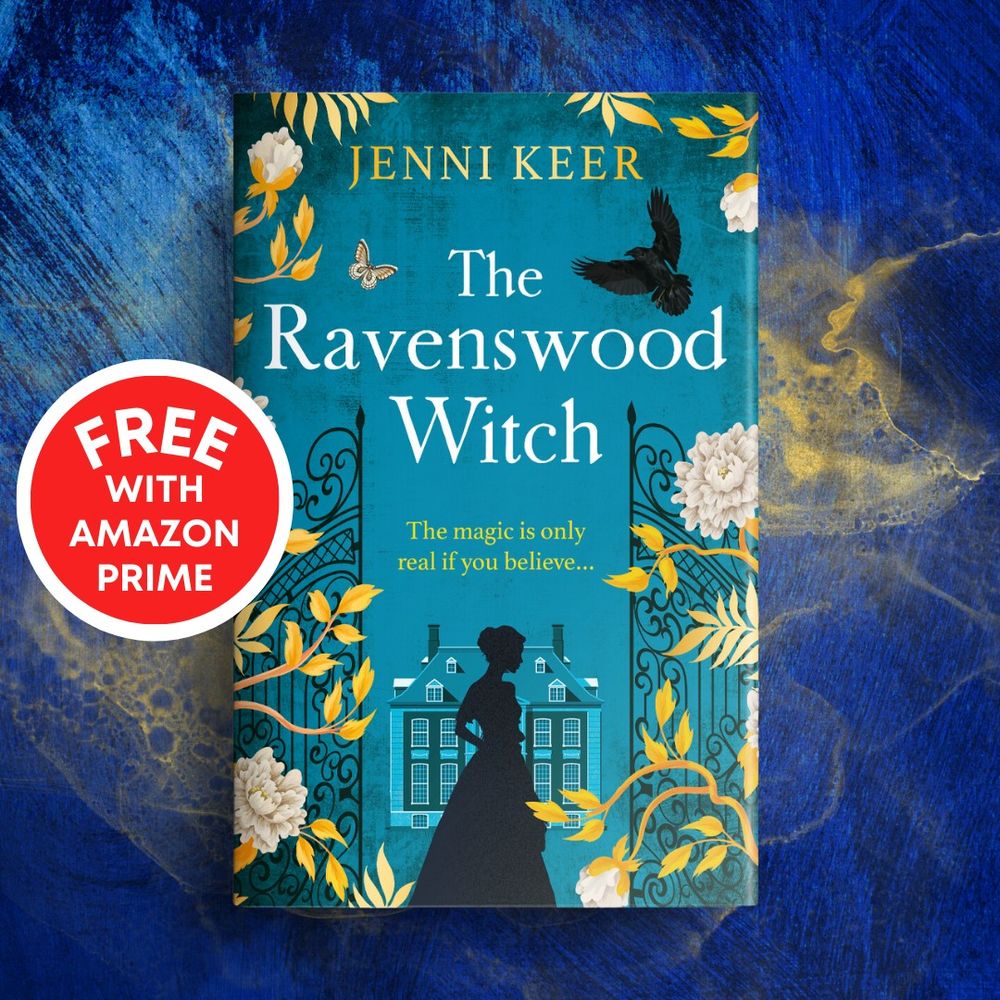 Spooky gothic cover of old house, silhouette of Victorian lady and black raven. Border of gold and white flowers. Sticker announcing FREE with Amazon Prime 