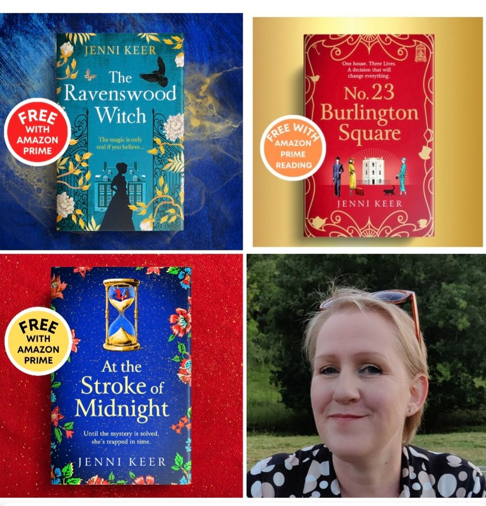 A grid of 4 photos. One of the author, and 3 book covers - one gothic, one 1920s and one a nightsky and hourglass.