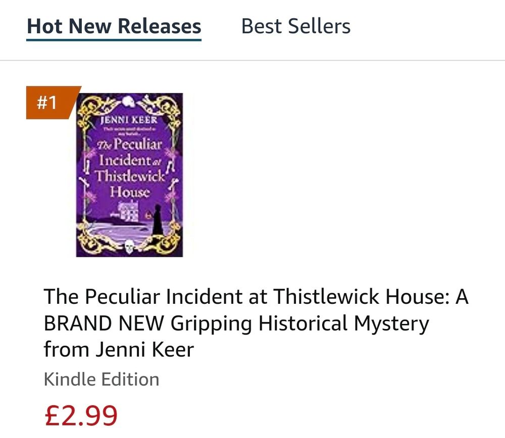 A purple gothic book cover for The Peculiar Incident at Thistlewick House, with a Victorian cloaked figure by the sea, and a border of falling bones. The image is an Amazon screenshot showing the book at #1 in a hot new releases category. 