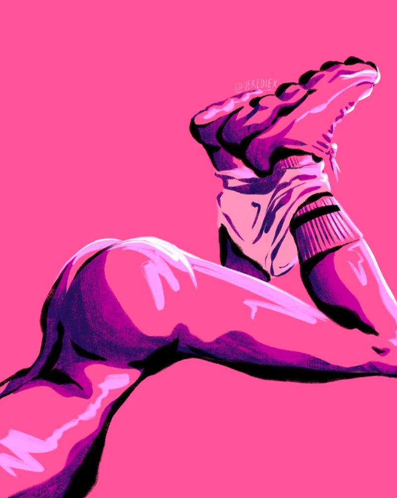 A drawing of someone arching their back with their ass in the air, underwear around the ankles