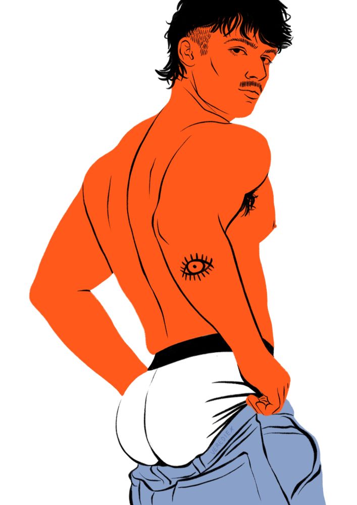 A drawing of a man in jeans and white underwear, shirtless and showing off his ass.
Based on a photo of @kyussamati by @the_jake_od (insta)