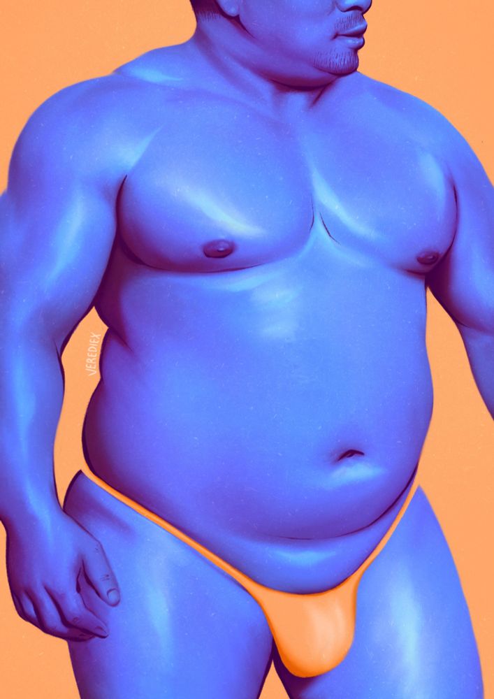 A drawing of a big hairless bear boy in a little orange thong