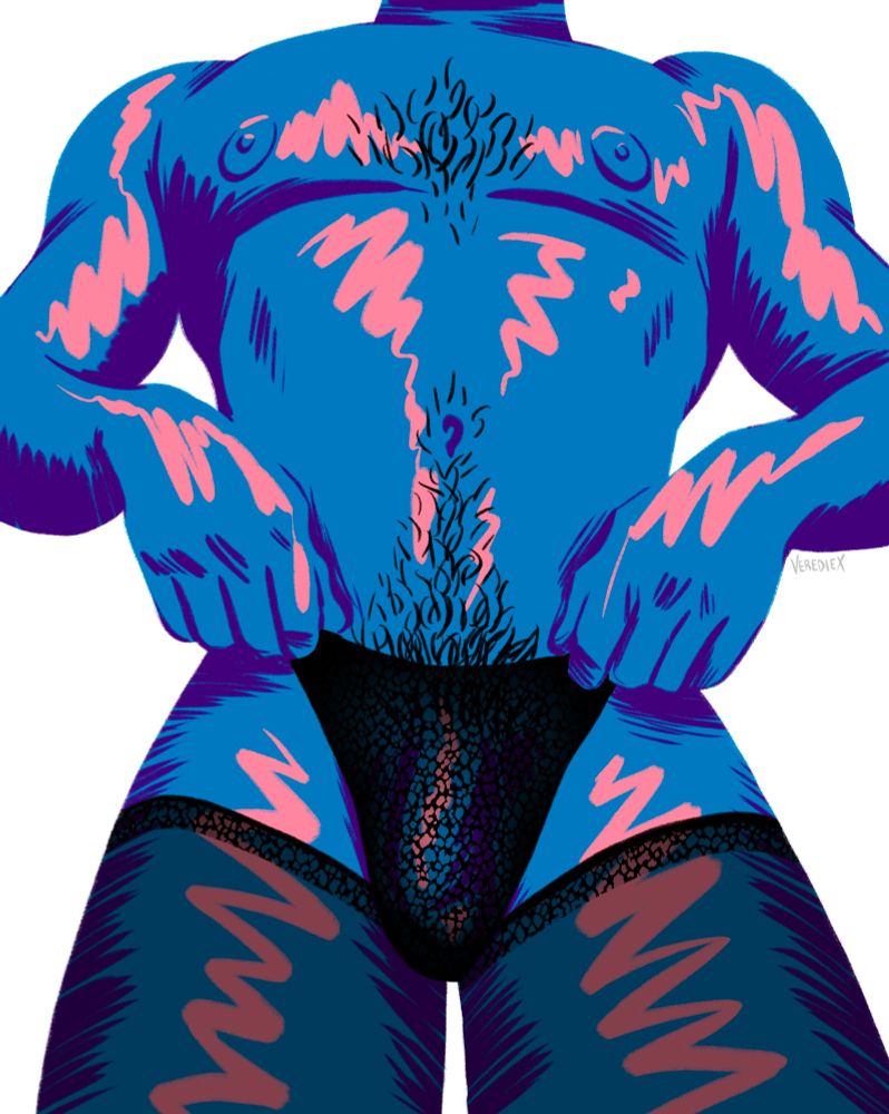 A drawing of a muscular man in a lace thong and thigh high stockings 