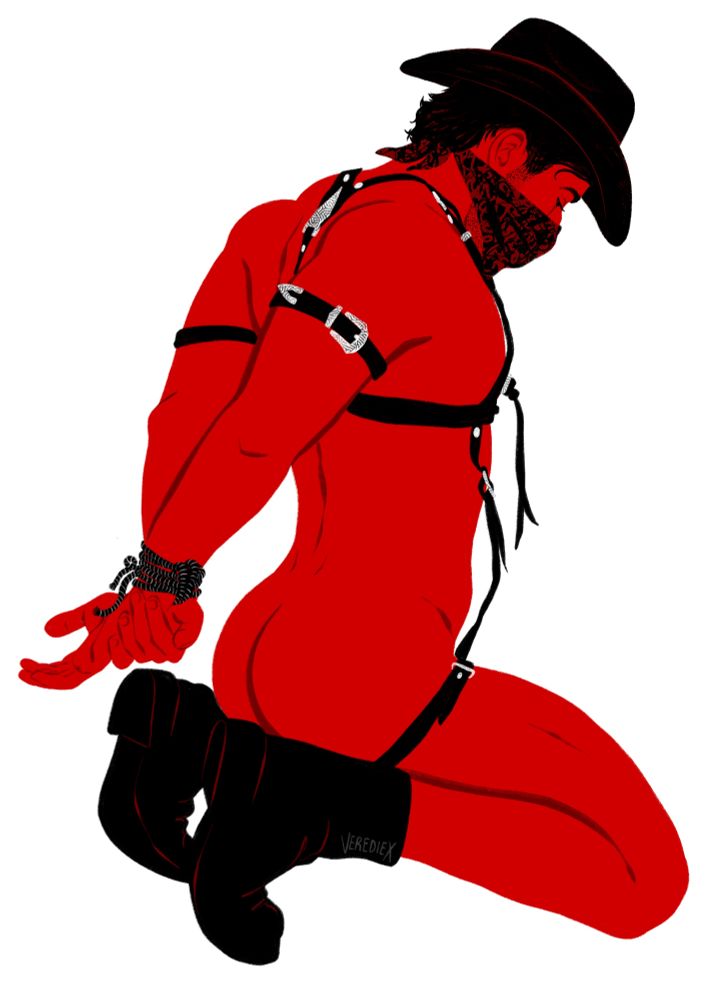 A drawing of a leather clad cowboy in bondage 
