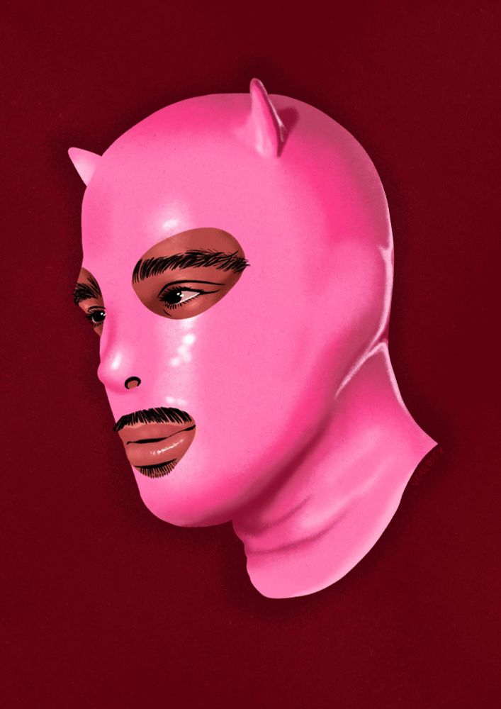 A drawing of a moustached man in a pink slickitup latex devil hood