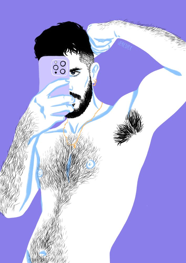 A drawing of a hairy man flexing in the mirror showing his armpit