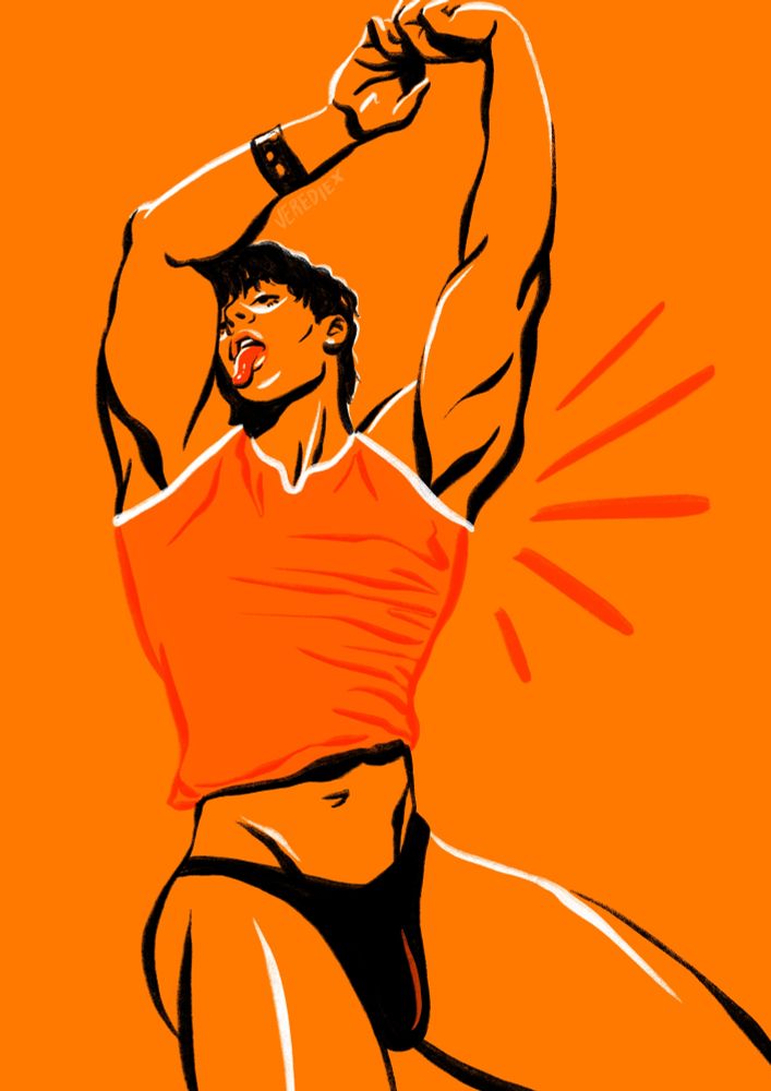 A drawing of a muscular man in a tank and thong, stretching his big arms over his head and sticking his tongue out. Based on a photo of andrewdemigod (X)