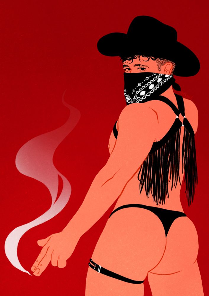 A drawing of a sexy cowboy in a harness and thong with a bandana over his face. Based on a photo of @nathanvonn on insta.