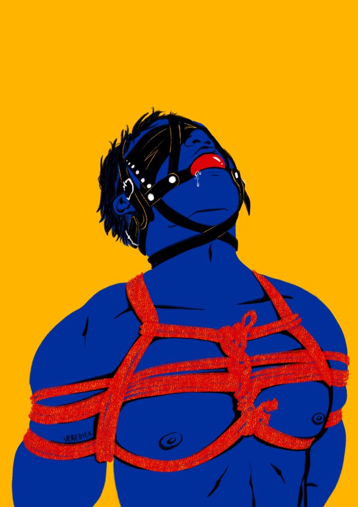 A drawing in bold primary colours of a man in tight ropes and a head harness with a red ballgag