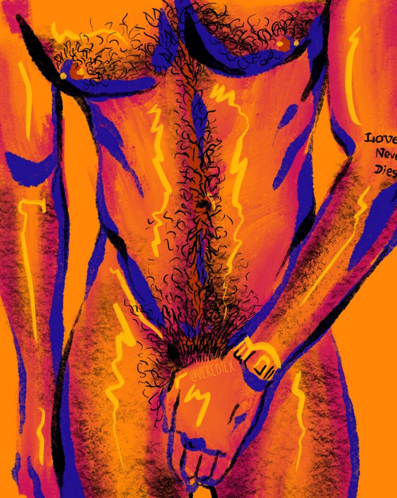 A hairy muscular man covering his junk with his hand.