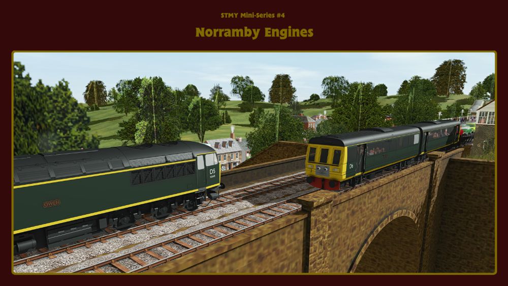 Two diesel engines with Thomas the tank engine-style faces are facing each other on a stone bridge.