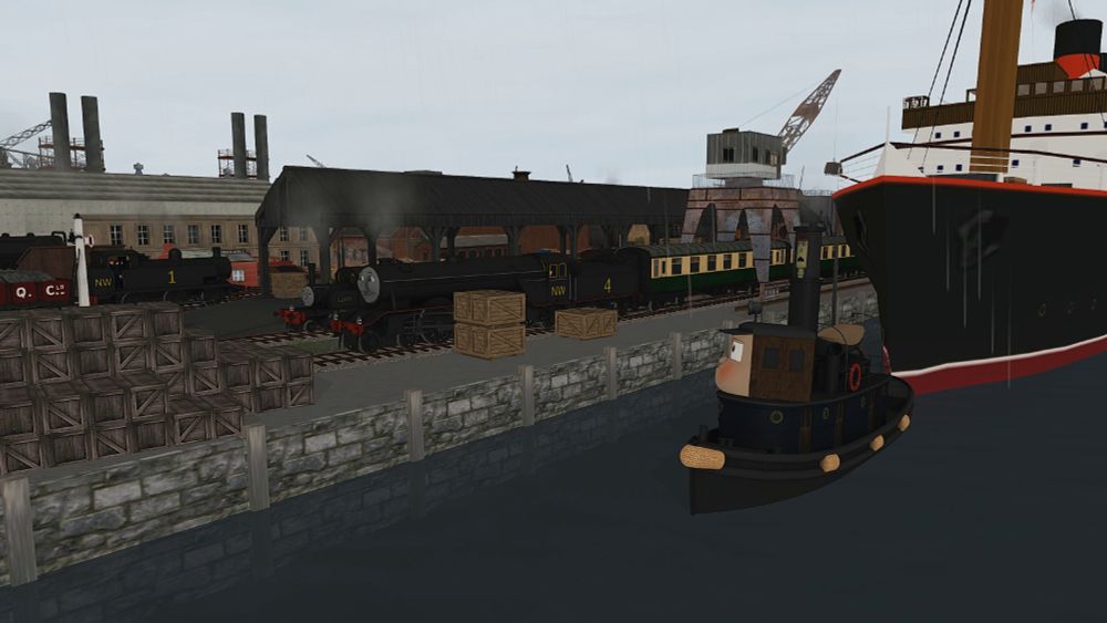 Ten Cents the tugboat is in a harbour, talking to Gordon the blue engine and a small tender engine named Lucy. They are all painted in wartime black.