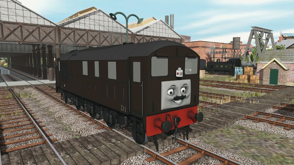 Render of the Armstrong-Whitworth 1-Co-1 locomotive, in brown livery with the number D1 on each end. It has a Thomas the tank engine-style face.