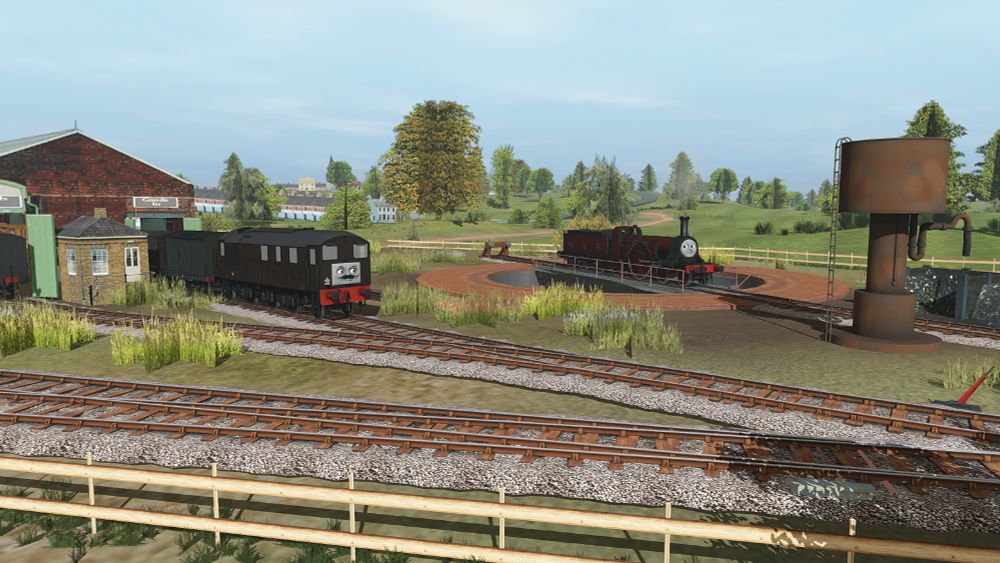 3D render of two trains in a small shunting yard. One is a vintage diesel locomotive, the Armstrong-Whitworth 1-Co-1 in a brown livery, the other is a Sterling single in maroon and brass livery.