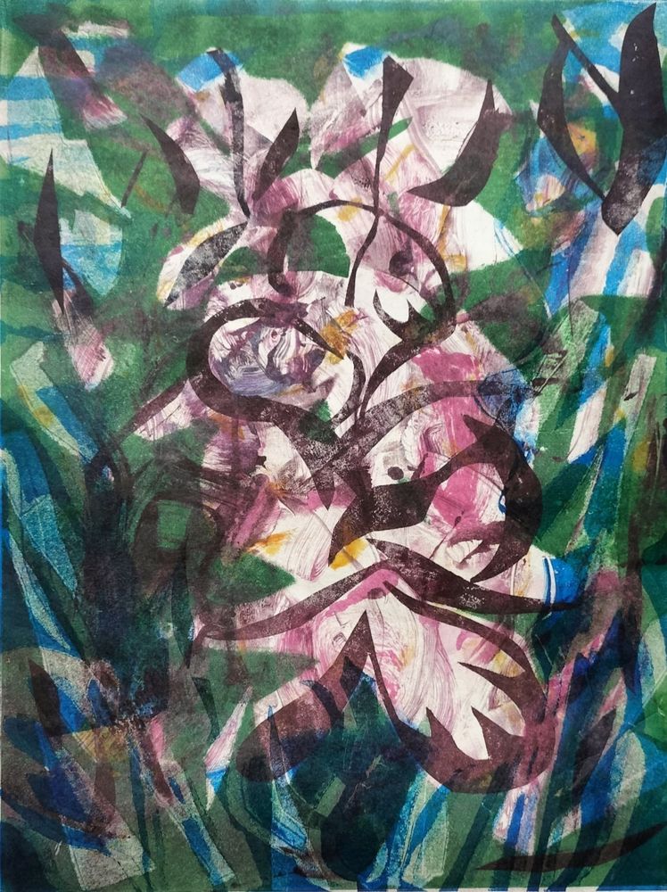 Monoprint with paper stencils and additive monotype. Pink, purple, green and blue are the colours.