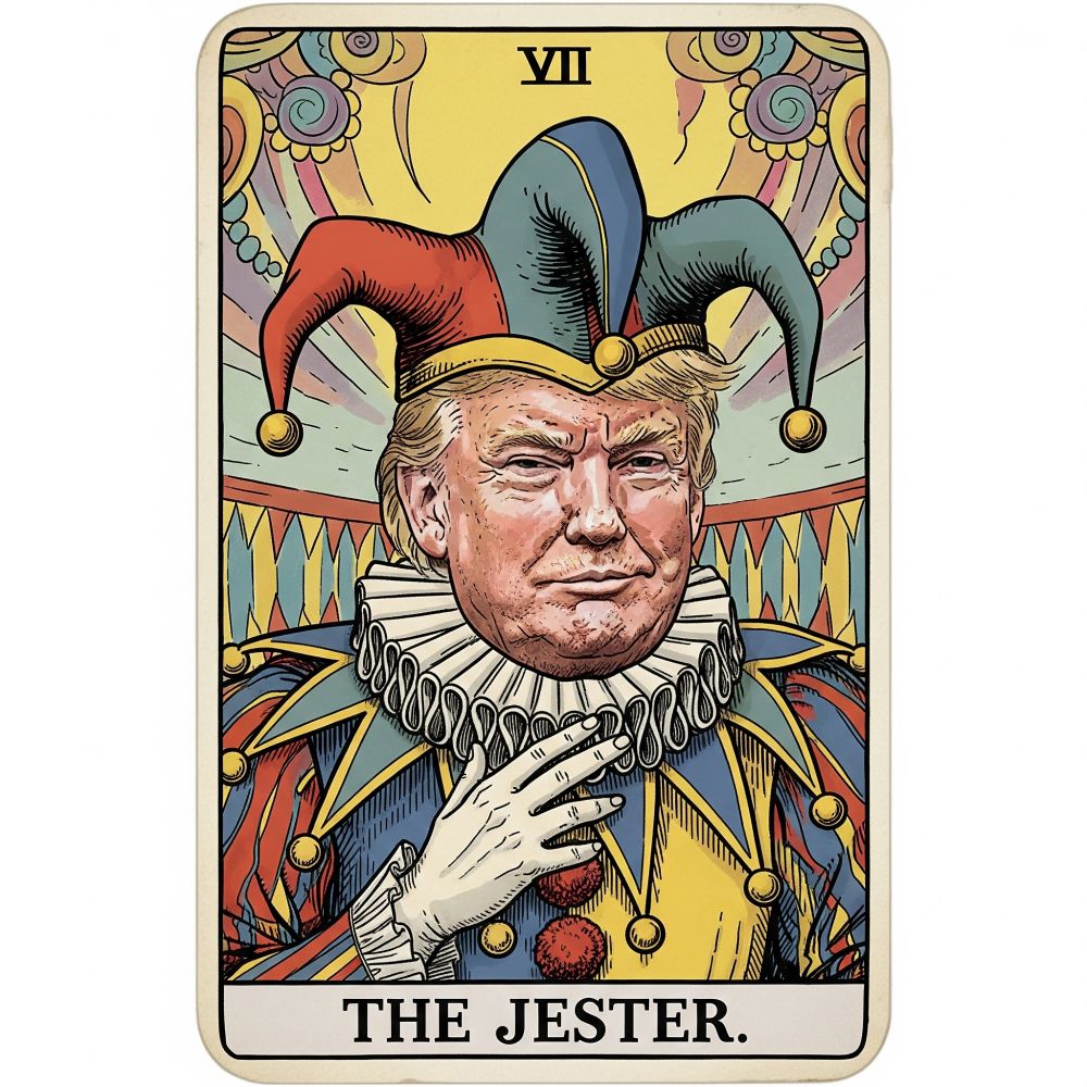 The jester tarot card with orange hitler (Donald Trump) face