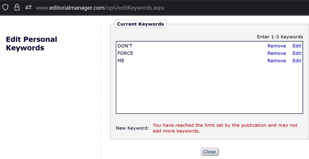 Screenshot of cursed Editorial Manager dialog window "Edit Personal Keywords". The three keywords are "DON'T" "FORCE" "ME"