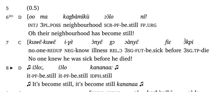 Partial transcript showing two lines of speech and one more songlike