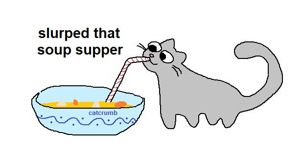 a simple drawing of a grey cat using a straw to consume soup from a bowl. text reads, "slurped that soup supper".