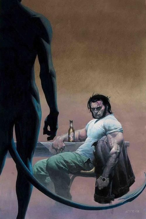 a painted wolverine comic cover where wolverine is looking at a silhouetted and nude nightcrawler. a beer bottle is placed to give the idea of wolverine having an erection.