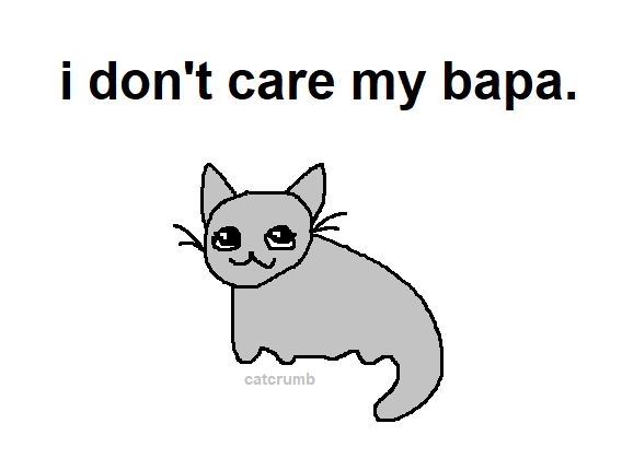 a simple drawing of a grey cat looking up with a smile. text reads, "i don't care my bapa."
