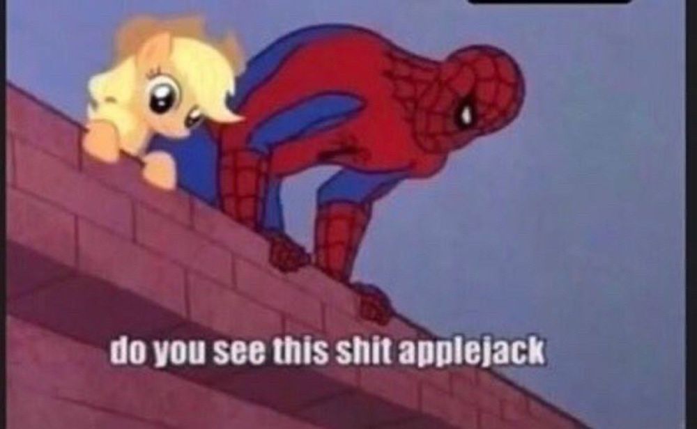 1960s cartoon Spiderman and Applejack from My Little Pony: Friendship is Magic look down from a rooftop. Text reads "do you see this shit applejack"