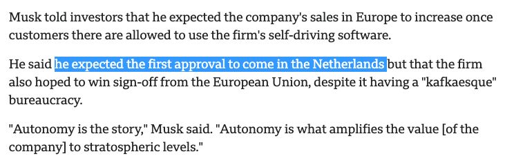 Musk told investors that he expected the company's sales in Europe to increase once customers there are allowed to use the firm's self-driving software.

He said he expected the first approval to come in the Netherlands but that the firm also hoped to win sign-off from the European Union, despite it having a "kafkaesque" bureaucracy.

"Autonomy is the story," Musk said. "Autonomy is what amplifies the value [of the company] to stratospheric levels."