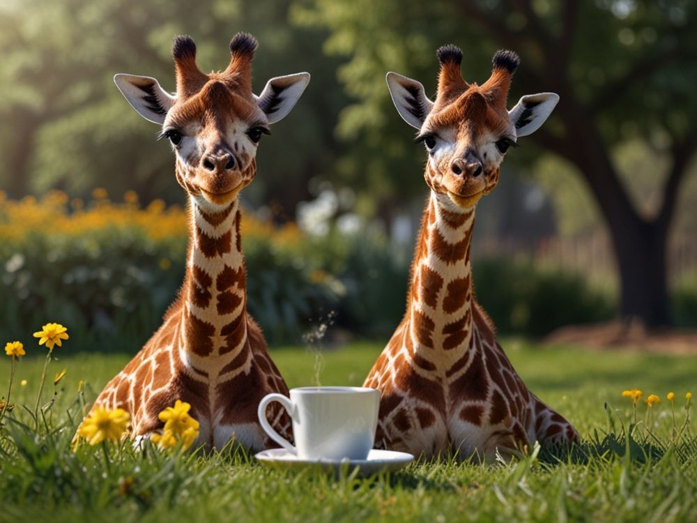 Zwei Giraffen-Junge schauen freundlich in die Kamera. Sie liegen auf der Wiese im Garten, vor sich eine Tasse Kaffee.
