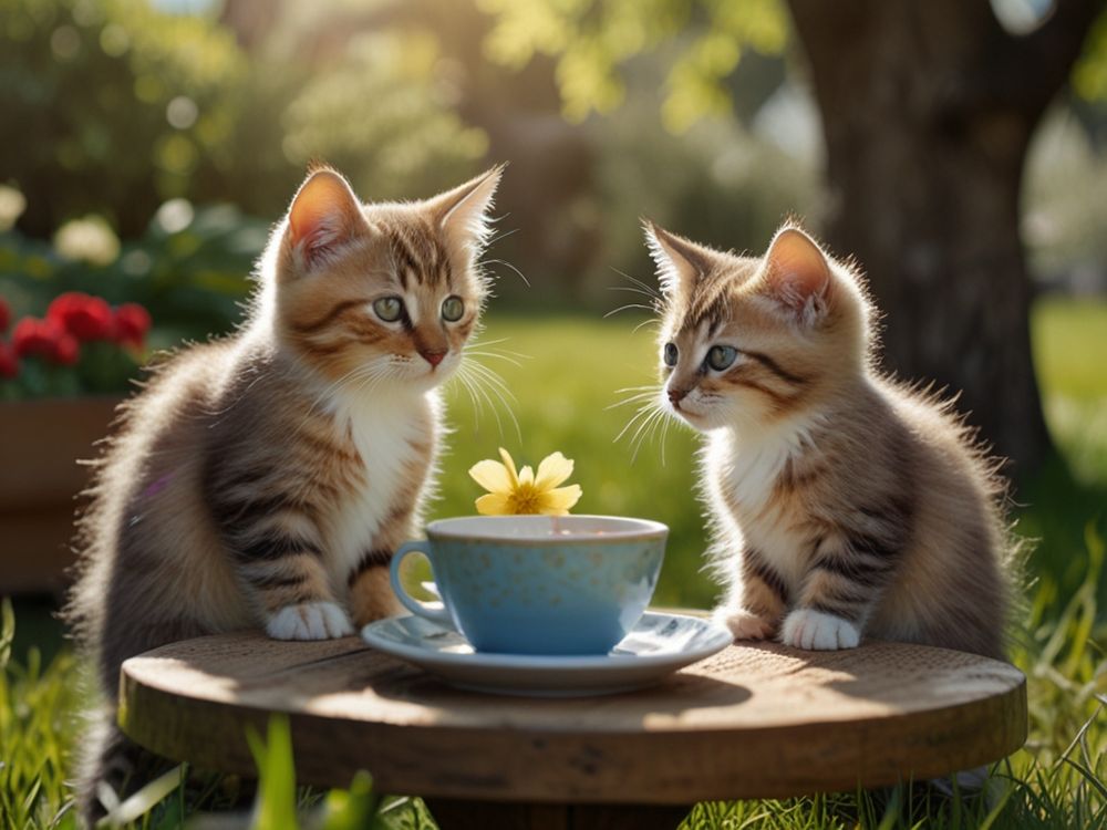 2 rot-getigerte Kätzchen sitzen auf der Wiese im Garten an einem Tisch. Vor ihnen steht eine blaue Tasse mit Kaffee. Die Sonne scheint. (Generiert mit Leonardo.Ai)