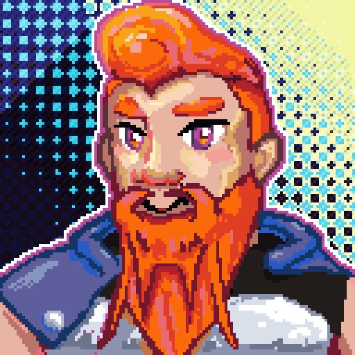 A pixel portrait of a ginger haired Dwarf with a tidy pompadour and a large well-kept beard