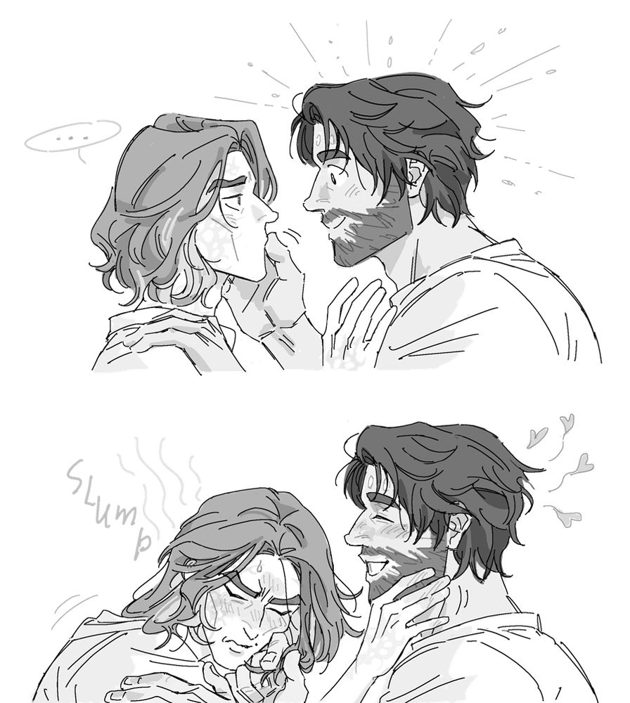 viktor an jayce from arcane post-canon. viktor (left) has bob-length hair and arcane scars, jayce (right) has his finale hair and viktors fingerprint scars on his forehead. 1st panel: vik hesitantly reaches for jayce as jayce beams at him, left hand on vik's shoulder and the right on his cheek. 2nd panel: vik slumps and flushes from embarrassment as jayce smiles happily with hearts floating from his head