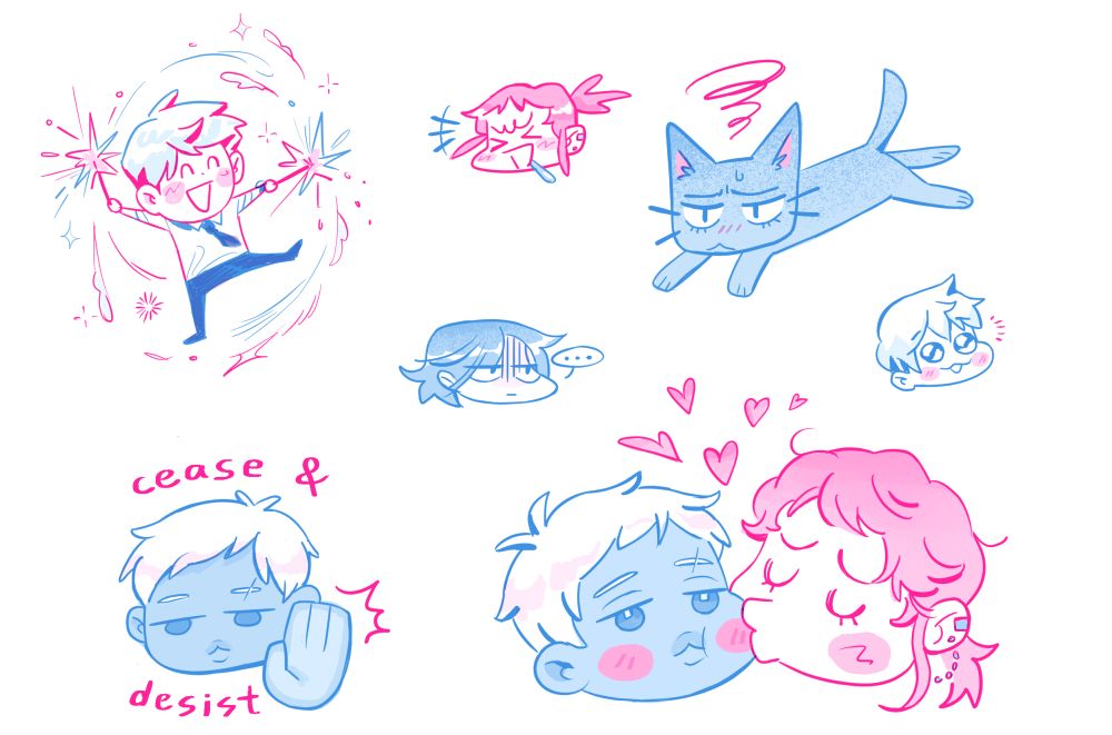 oc chibis from left to right: antoine swinging around fireworks with a bit smile, faun laughing with drool, disgruntled cat-ified jingyi, disgruntled dotdotdot un-cat-ified jingyi, antoine with big shiny eyes, stonefaced noah going "cease & desist", and faun giving noah a big smooch with hearts flying