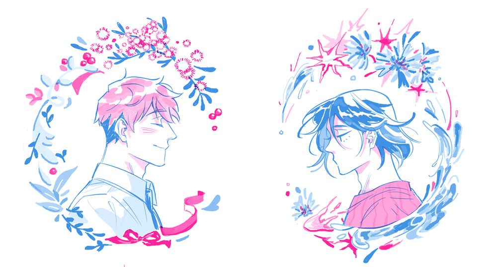 ocs antoine and jingyi facing each other. antoine is smiling and circled by border of plants and ribbons. jingyi is framed in stars, flowers, water. palette is blue and pink