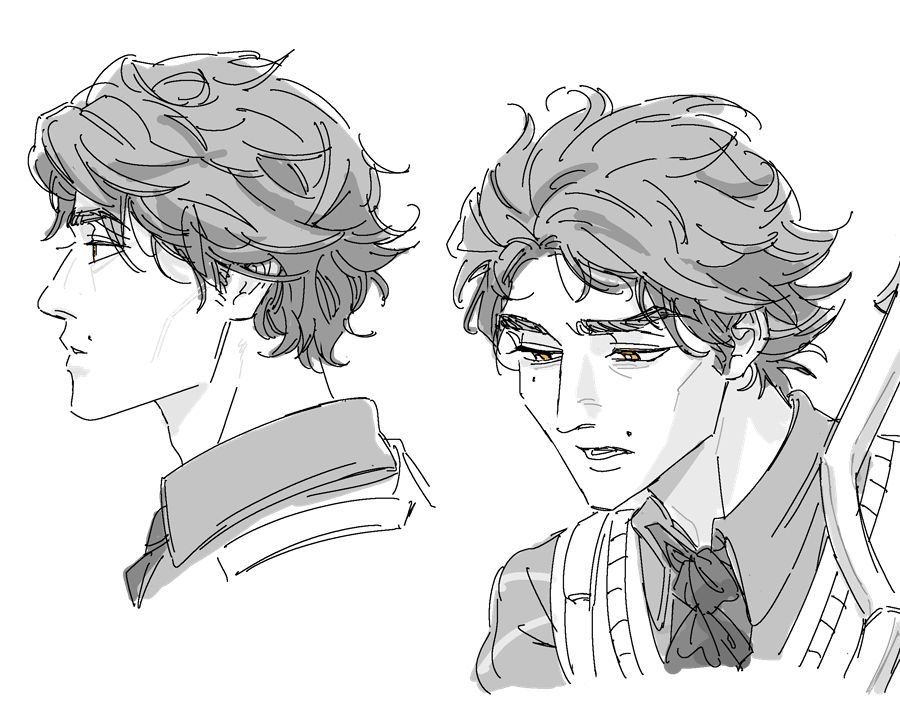 viktor from arcane animated series. left is his profile facing the left, right is 3/4ths view looking down. he's a man with curly medium hair and a slim face with pronounced cheekbones