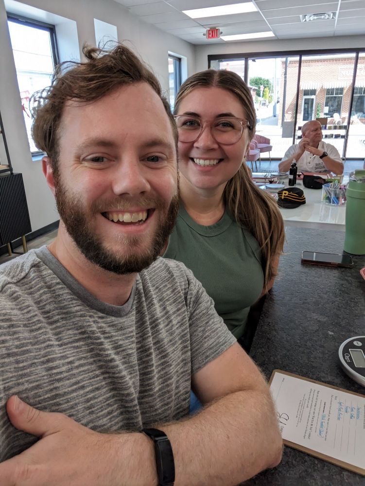 Kelly and me cheesin in a selfie at the candle shop.