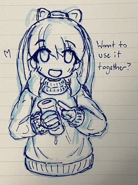Pen doodle of otokonoko oc Erin holding an onahole and asking "Want to use it together?"