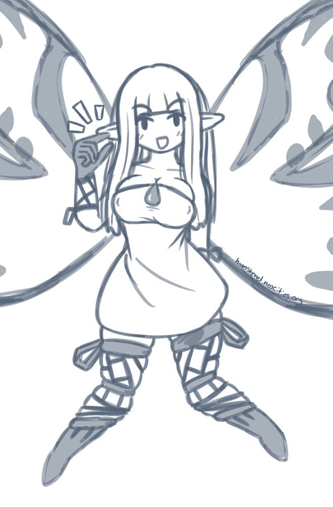 a sketch drawing of the fairy Airy from Bravely Default, she is gesturing by holding her index finger and thumb close to each other