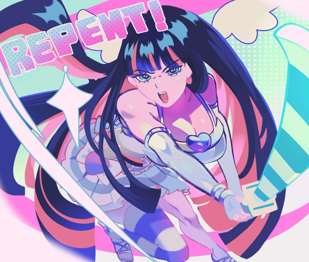 digital fanart of stocking anarchy from panty and stocking swinging her sword in action 