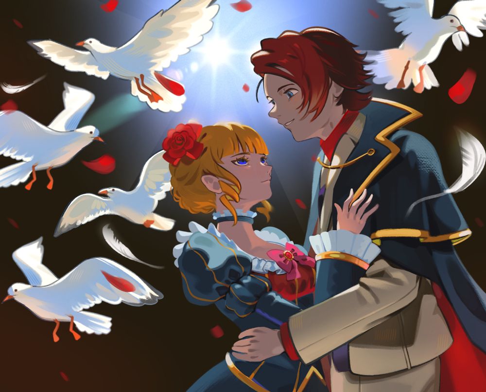 beatrice and battler from umineko, surrounded by pelicans and rose petals.