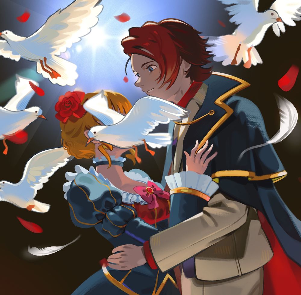 beatrice and battler from umineko, in this version, her face is covered by a pelican.