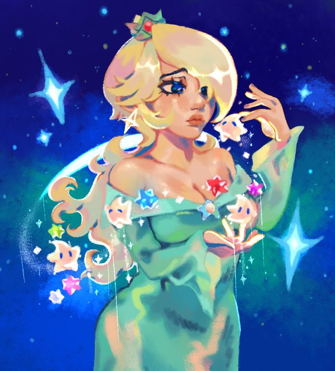 half body digital art of rosalina from mario galaxy, she has a somber expression while little lumas and star bits float around her in space 