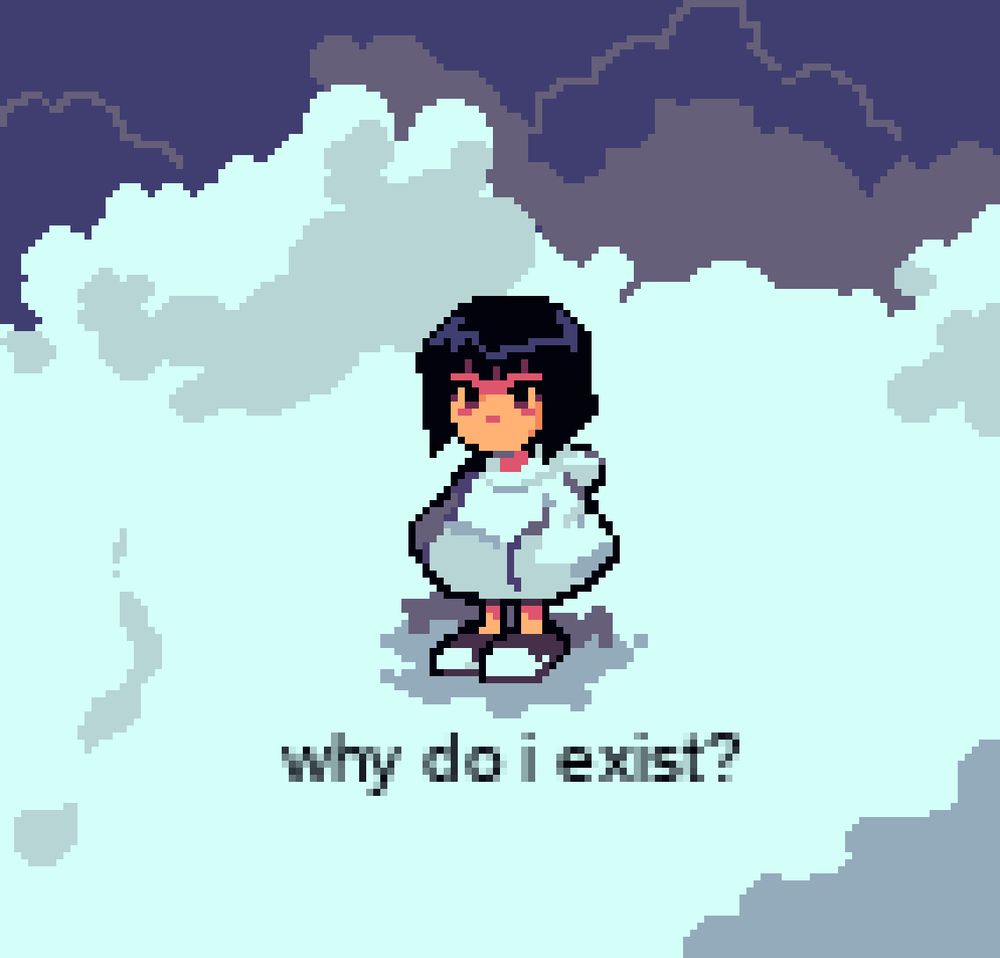 A girl standing on clouds, pondering her existence