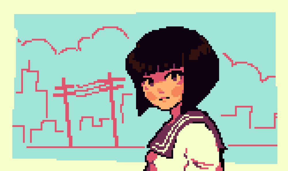 A schoolgirl stares at the camera sadly during a late sunset in the city