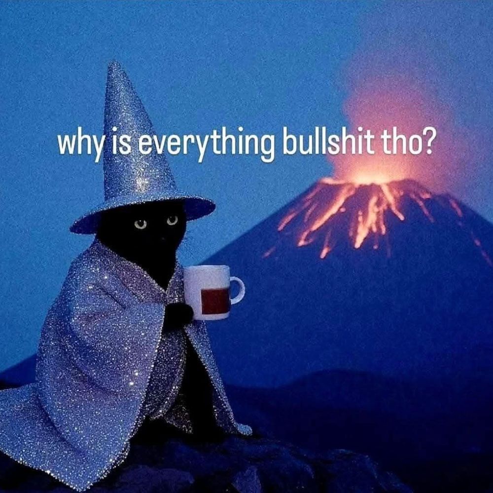 In the foreground is a black cat wearing a sparkly witch hat and matching gown, holding a mug. In the background is an exploding volcano. White text at the top reads "why is everything bullshit tho?"