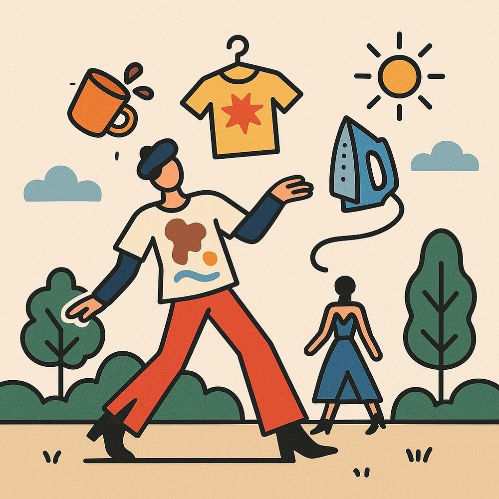 Visual interpretation of: I spilled coffee on my shirt and now I have to walk around like a contestant in a fashion show for abstract art.