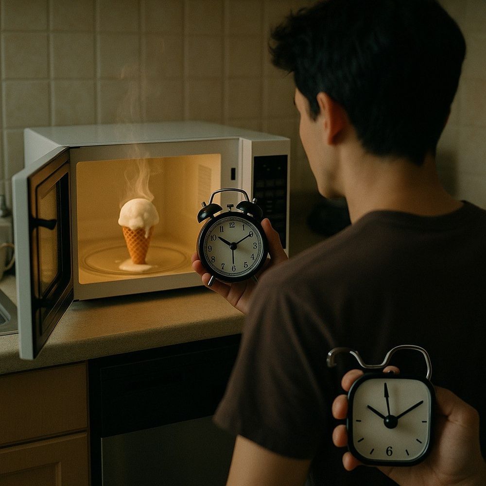 Visual interpretation of: I walked into the kitchen and thought, “That’s strange,” until I remembered my roommate's idea of cooking is microwaving ice cream.