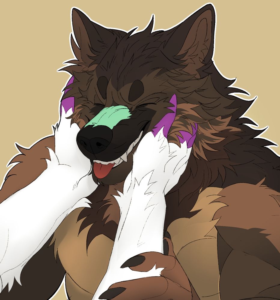 A brown and very tufty wolf with a bright green streak running along their nose is having their face ruffled by purple and white hands.

Eyes shut, tongue slightly out, silly grin.

