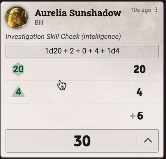 A Foundry screen snap, showing 2 excellent dice rolls.