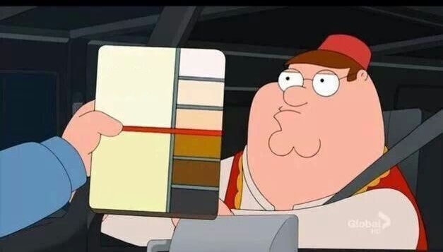 E meme template in which the Family Guy with a fetch on is compared to a color chart by a police officer. 