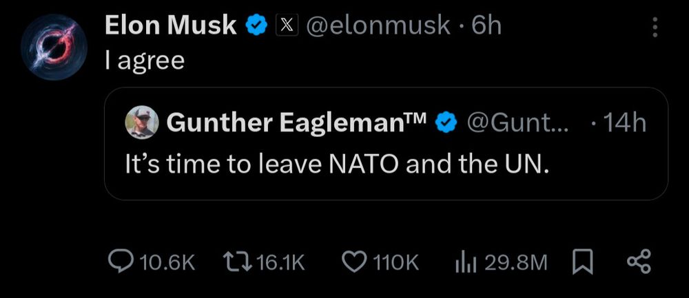 Elon Musk responding “I agree” to a suggestion that the US leave NATO and the UN